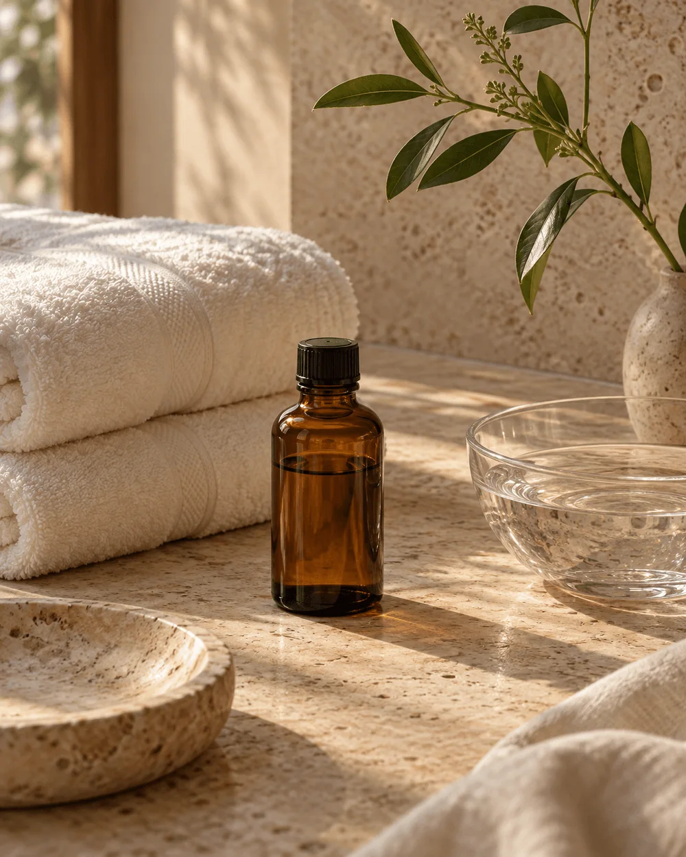 Skincare still life with cotton towels and an amber bottle