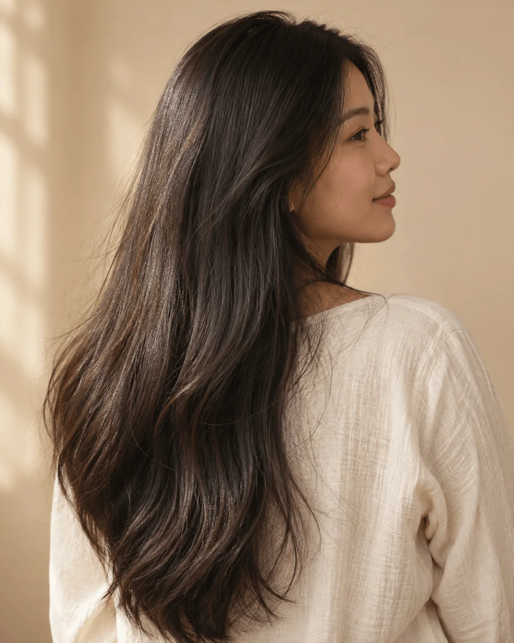 Illustrative hair-care portrait with long dark hair
