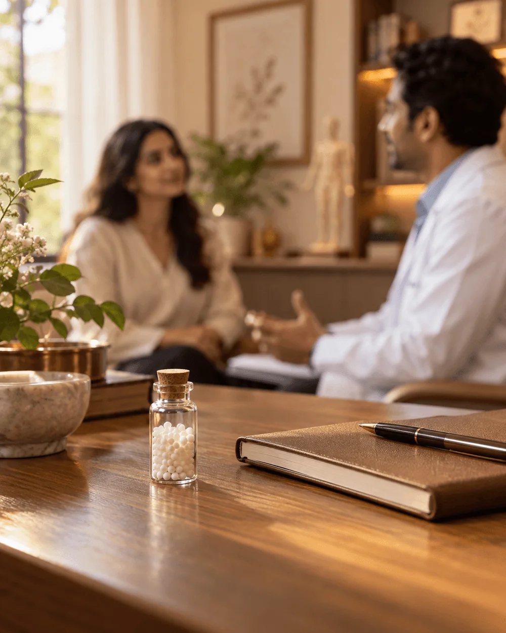 Illustrative homoeopathy consultation desk with a vial and notebook
